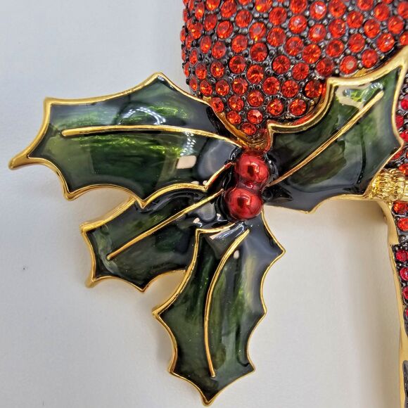 Joan Rivers Cardinal Brooch Vtg Pave Crystal Bird Enamel Holly Holiday Winter - Picture 4 of 14